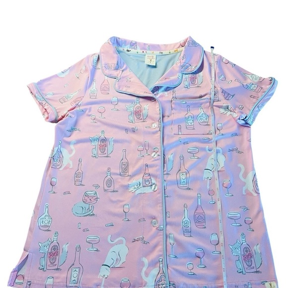 MUNKI MUNKI WOMENS PAJAMA TOP SIZE LARGE CAT & WINE PATTERN - Picture 6 of 9